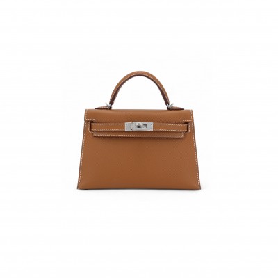 HERMÈS MINI KELLY SECOND GENERATION GOLDEN BROWN EPSOM SILVER BUCKLE (19*12*5.5cm) 